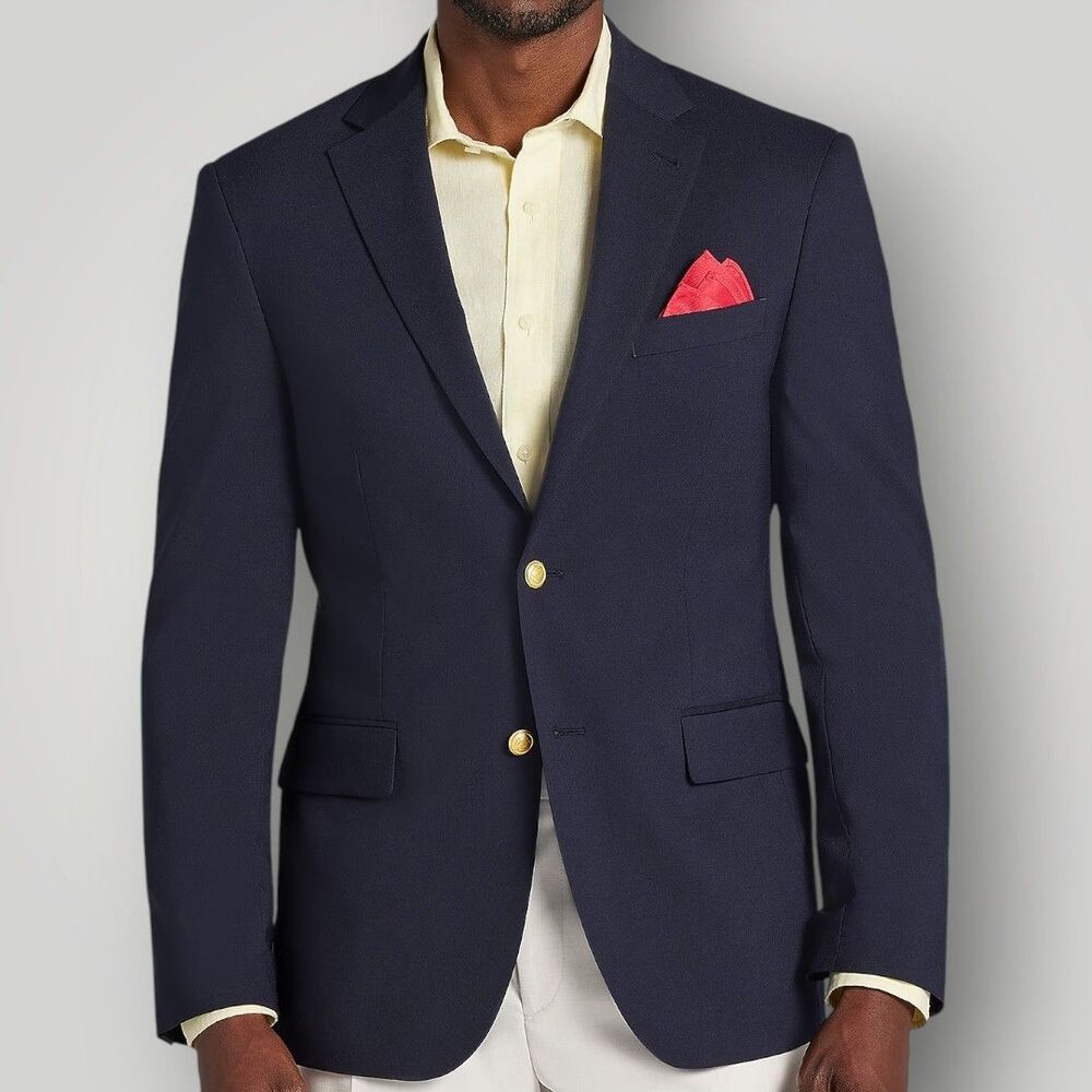CHAPS Mens Navy Blazer 44L Sport Coat Two Button Jacket Wool Blend Brass Buttons